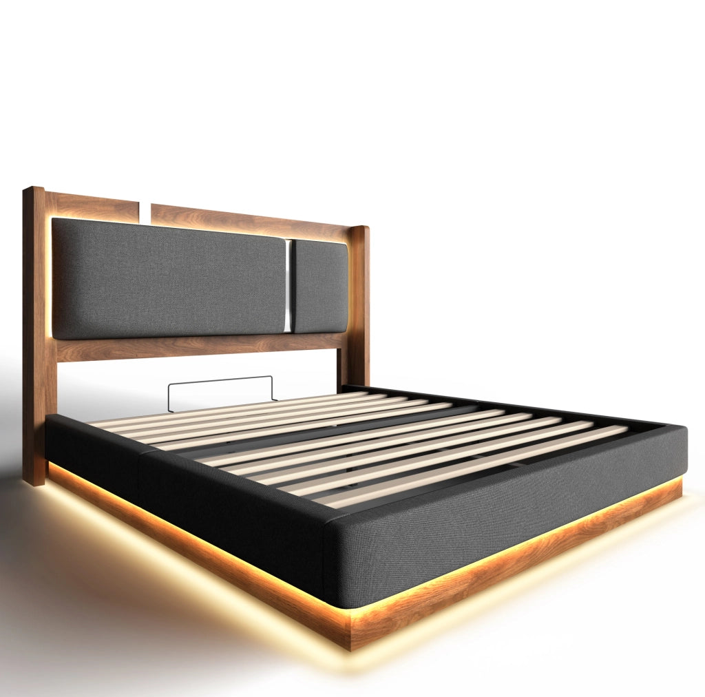 Letto imbottito 160x200 cm con contenitore e LED in lino; legno grigio e noce