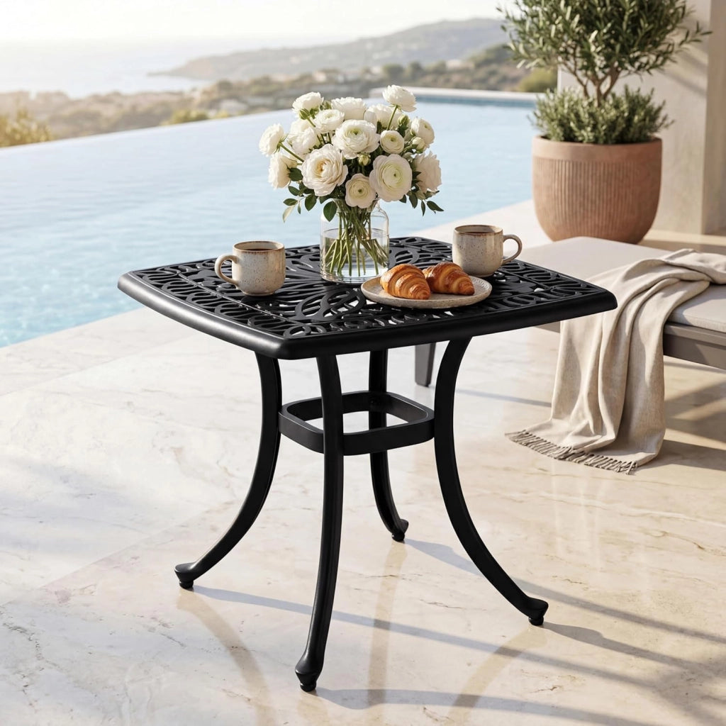 Tavolo da giardino con foro per ombrellone e motivo floreale decorativo, in alluminio pressofuso resistente alle intemperie, per gazebo, balcone e cortile, 54 x 54 x 53 cm