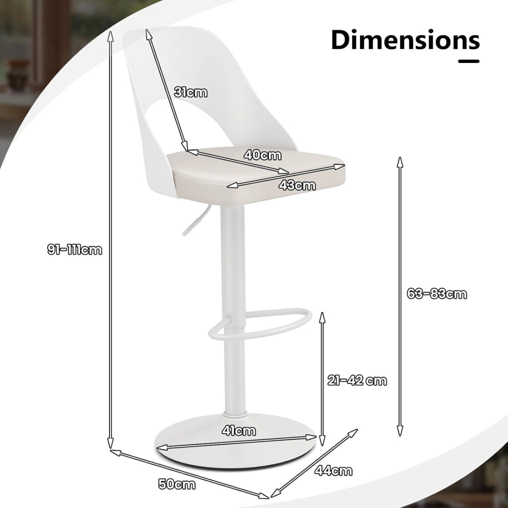 Set di 2 Sedie da Bar, Sedie Ergonomiche senza Braccioli ad Altezza Regolabile con Poggiapiedi, Base in Metallo, Anello di Gomma Antiscivolo, Schienale Avvolgente (Bianco)