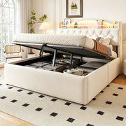 Letto imbottito 140x200 cm con contenitore idraulico; LED e USB in tessuto beige