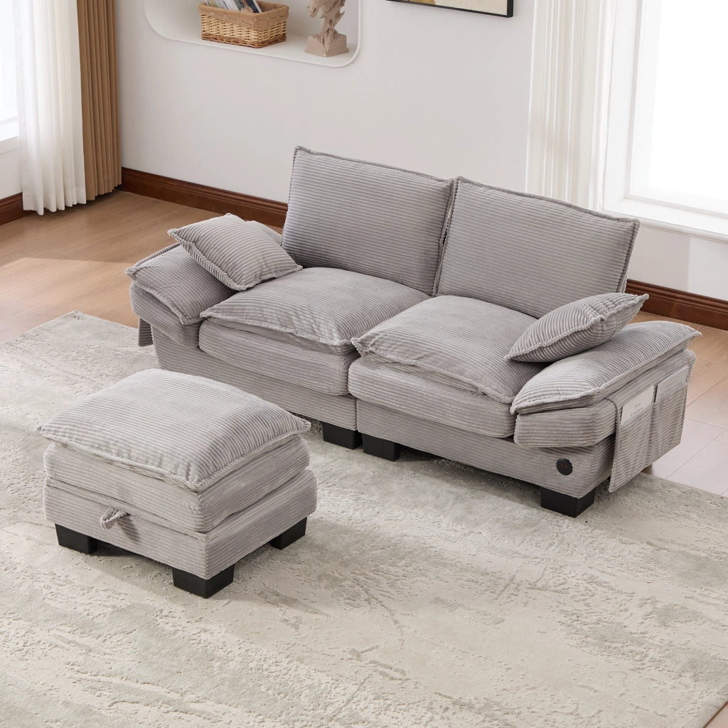 DIVANO 2 posti con pouf 190x132x84 cm tessuto a coste grigio chiaro USB-C
