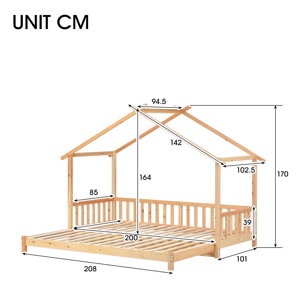 OKWISH Letto a Casetta 200×90 cm e 200×180 cm, Letto Matrimoniale estensibile con Sponde 3 Lati e Struttura a Casa, senza Materasso