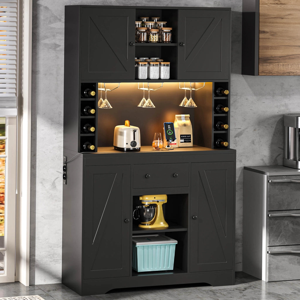 Buffet da cucina alto 180x105x40 cm con LED RGB, prese integrate, cassetto e portasciuggetti