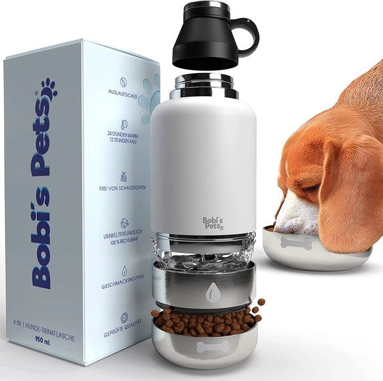 Bicchierino per cani 4 in 1 - termos, bicchiere, ciotola per acqua e cibo (bianco) - bicchierino per cani da viaggio - bicchierino per cani da portare con sé