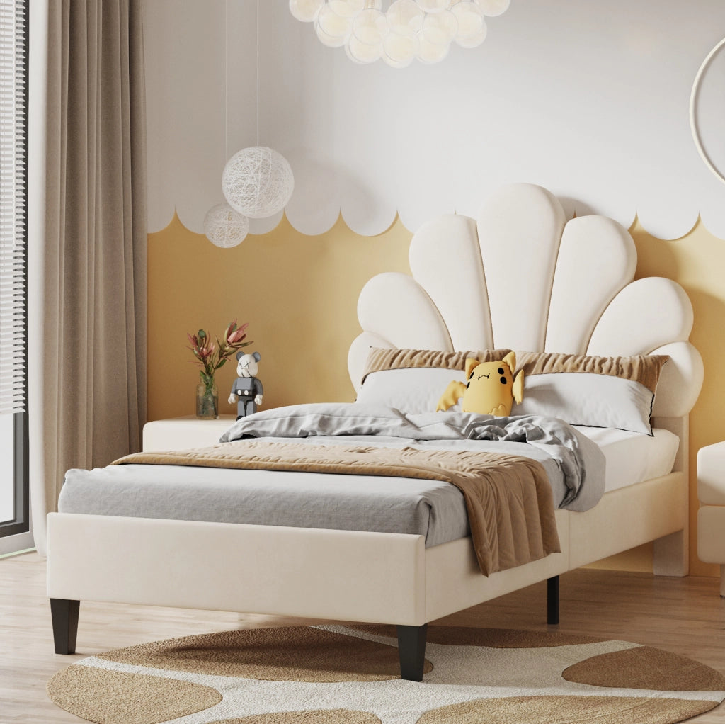 Letto imbottito 90x200 cm; testiera floreale; velluto beige (Senza materasso)