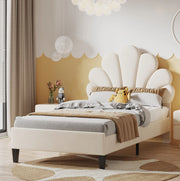 Letto imbottito 90x200 cm; testiera floreale; velluto beige (Senza materasso)