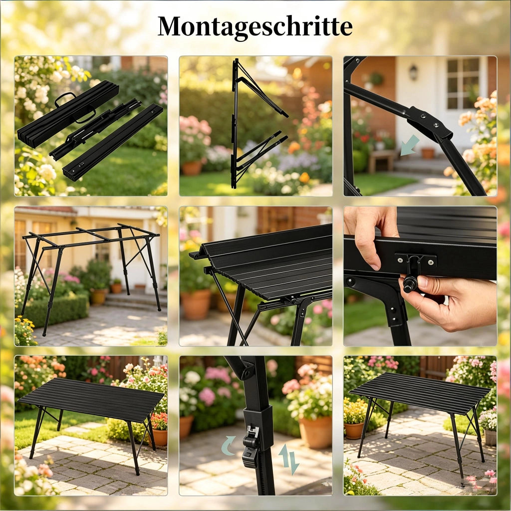 TAVOLO Pieghevole da campeggio regolabile 120 x 68,5 cm Alluminio Nero