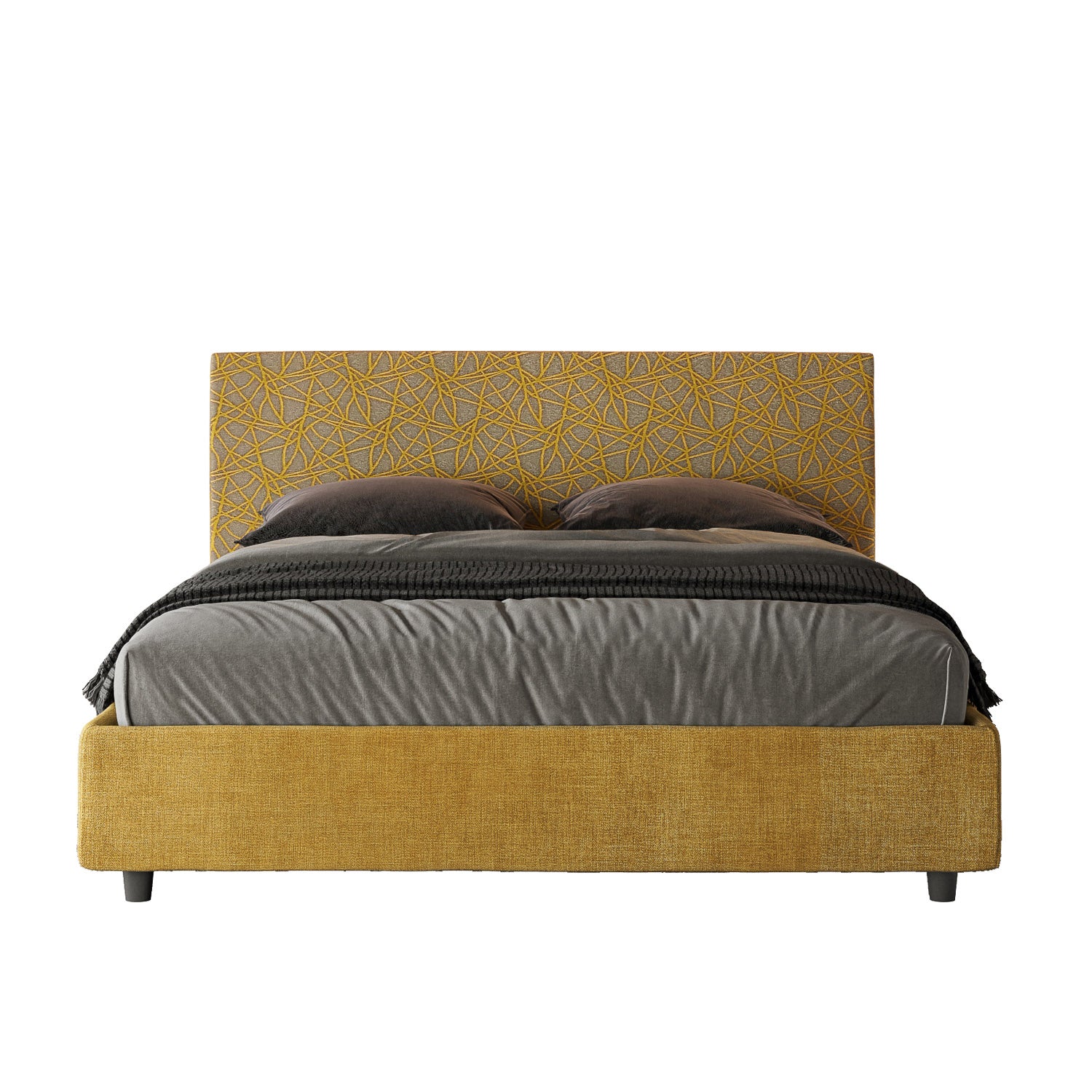 Letto Matrimoniale 160x210 cm con Rete e Contenitore con Testata e Alzata Comoda Imbottito in Tessuto Era Arla Giallo