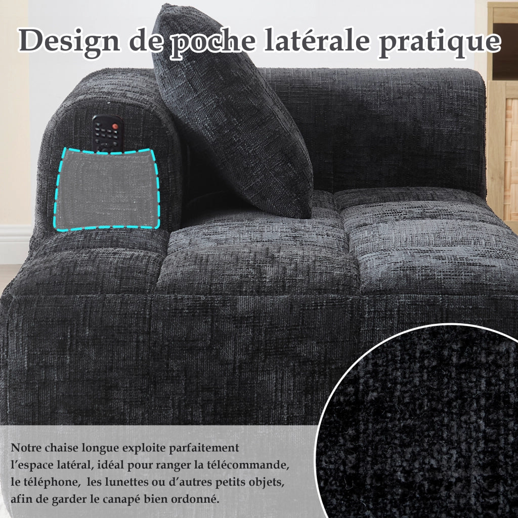 OKWISH Dormeuse con Seduta Imbottita, Tasche Laterali e Cuscino, Comfort Avvolgente per Relax, Ciniglia, Nero