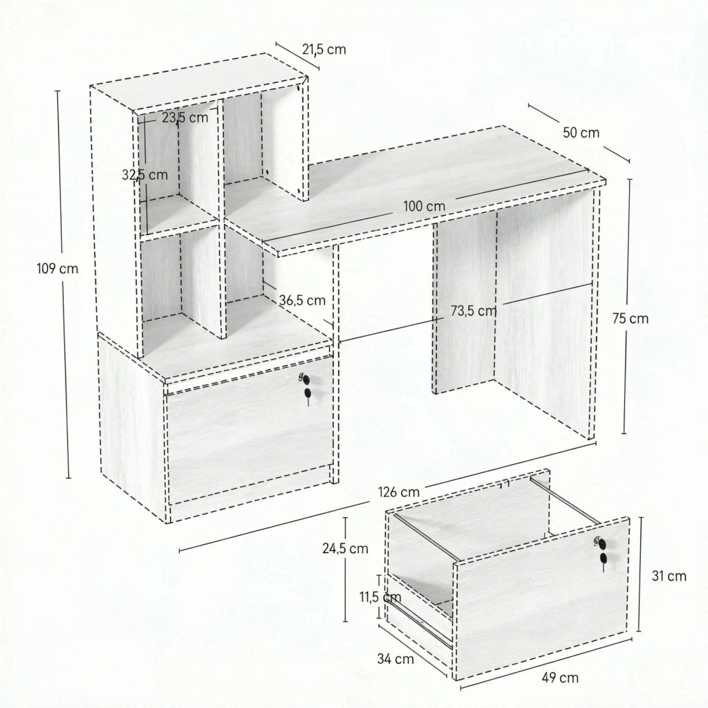 SCRIVANIA COMPUTER 126x50x109 cm con 4 vani e cassetto chiudibile Bianco e Rovere chiaro