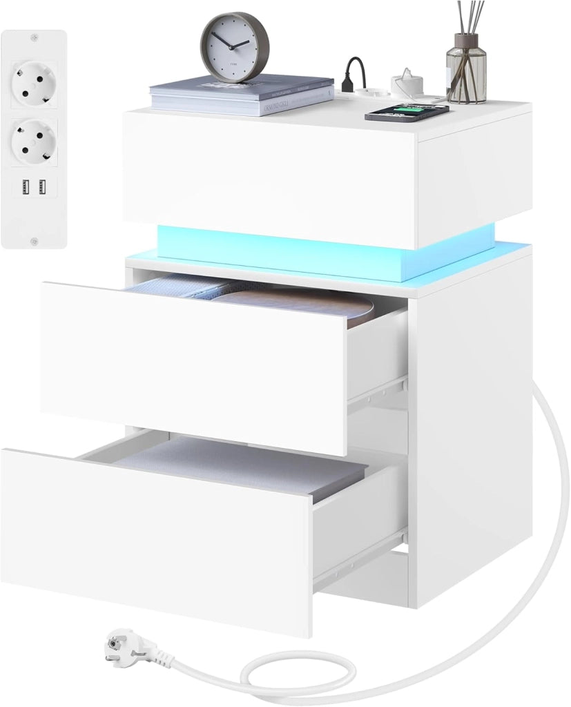 Comodino con Stazione di Ricarica, Comodino a LED Connesso, 2 Prese, 2 Porte USB, 2 Cassetti, 1 Scomparto con Sportello, per Camera da Letto, 40 x 35 x 55 cm, Bianco