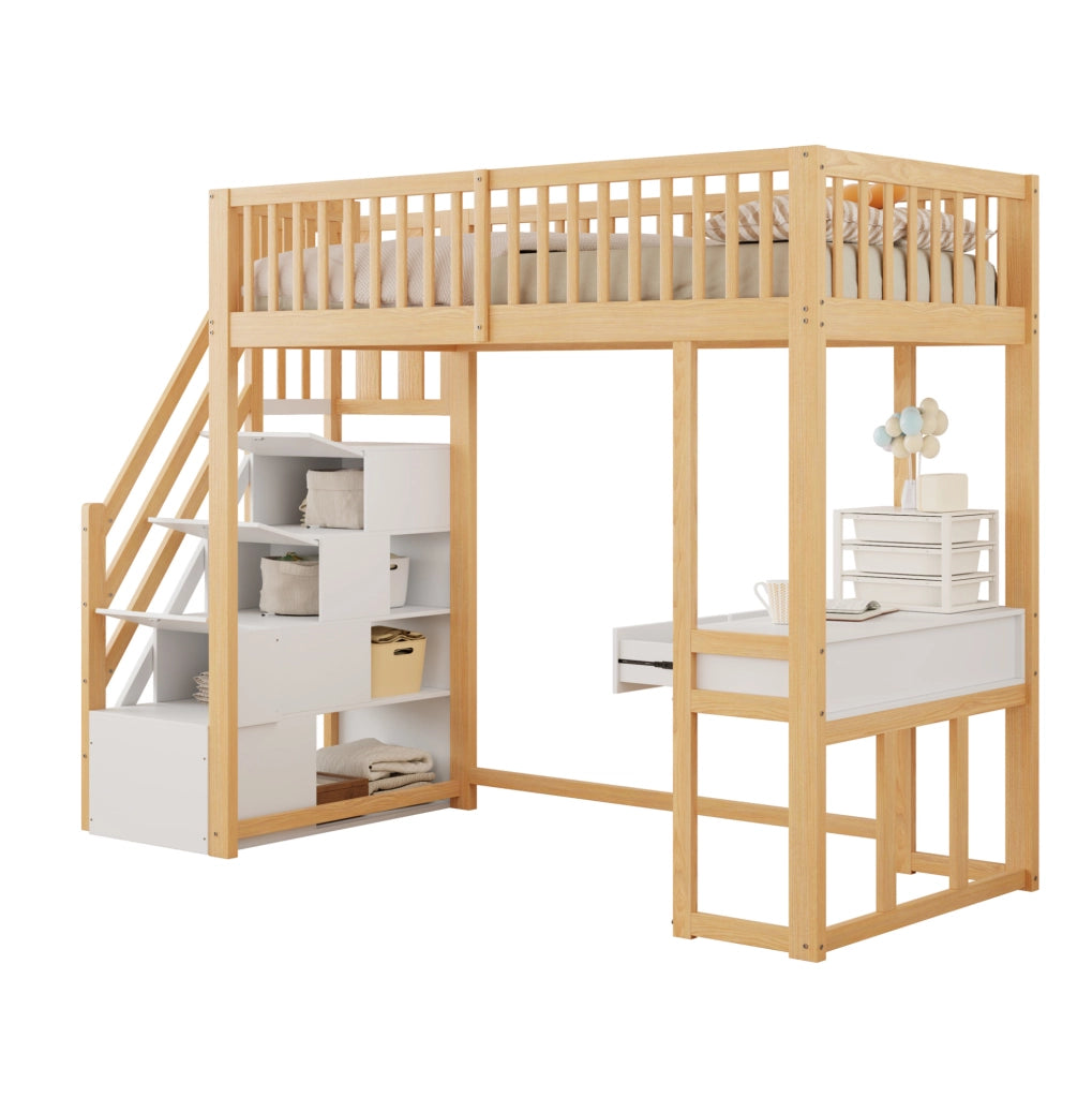 Letto a soppalco 90x200 cm con scrivania e scale contenitore