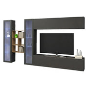 Parete attrezzata Alezio, Set salotto porta TV a 4 ante, Mobile soggiorno multiuso, 100% Made in Italy, cm 280x30h180, Antracite e Acero