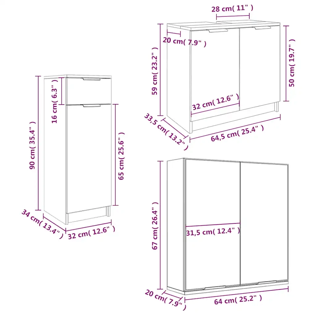 Set di Mobili da Bagno 3 pz Bianco in Legno Multistrato 3115868