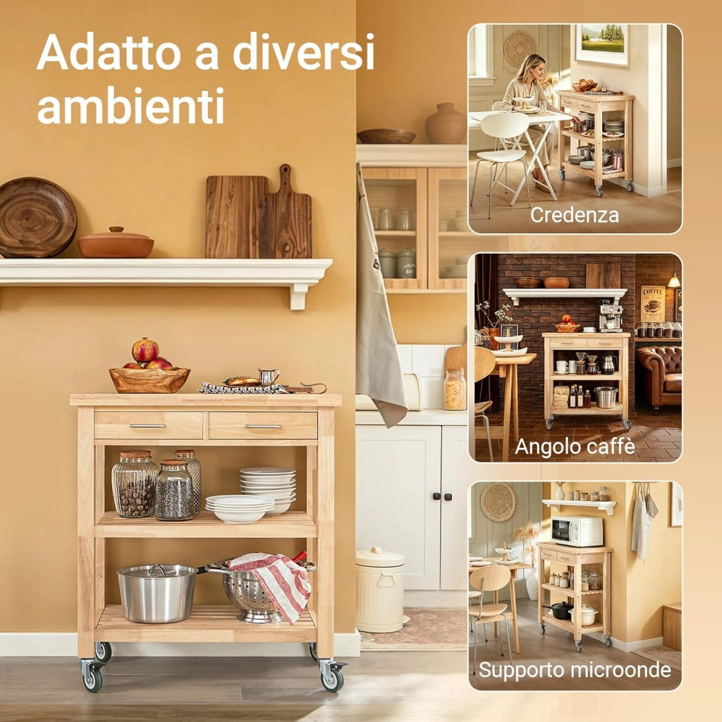Carrello da Cucina con Ruote, Mobile Cucina Salvaspazio in Legno Massiccio di Hevea – Mobile Soggiorno Credenza con 2 Cassetti e 2 Ripiani 80x40x90 cm FKW24-II-N