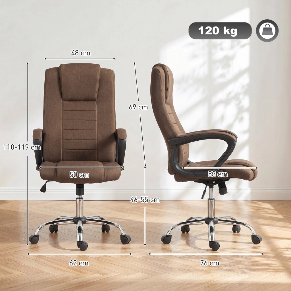 Sedia da Ufficio Ergonomica 62x76x110-119 cm Reclinabile e Girevole con Poggiatesta in Tessuto Effetto Lino Marrone