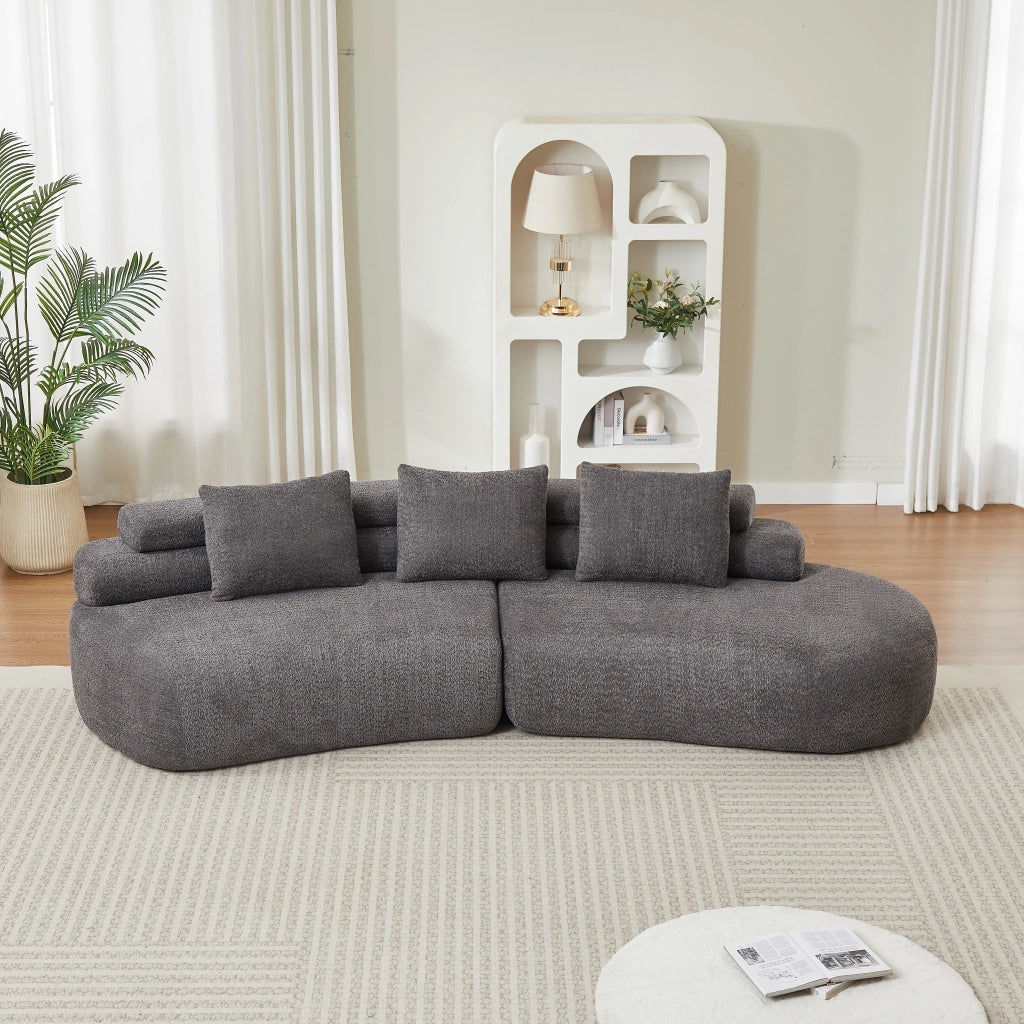 Divano modulare curvo a 3 posti in ciniglia grigio antracite; design arrotondato senza braccioli