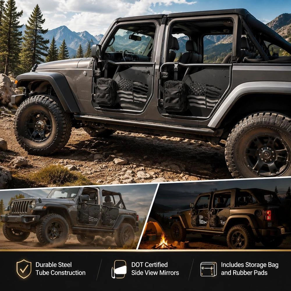 Jeep Tube Doors, 4-Door, Compatible With 2007-2018 Jeep Wrangler JK Unlimited, Steel Off Road Front & Rear Tubular Half Doors With DOT Certified Side View Mirrors, Storage Bag And Rubber Pads