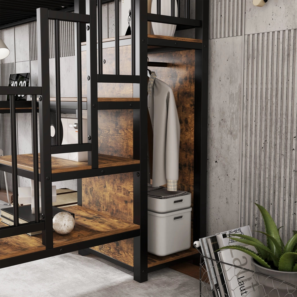 Letto a soppalco 90 × 200 cm con scrivania e armadio integrati scala laterale in legno metallo nero noce scuro