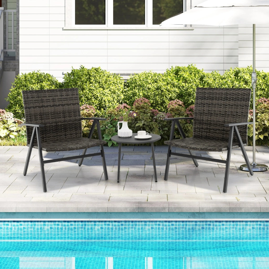 Set bistro da 3 pezzi per patio con schienale e seduta in rattan, Set conversazioni con tavolino rotondo per balcone Grigio-Set mobili da esterno