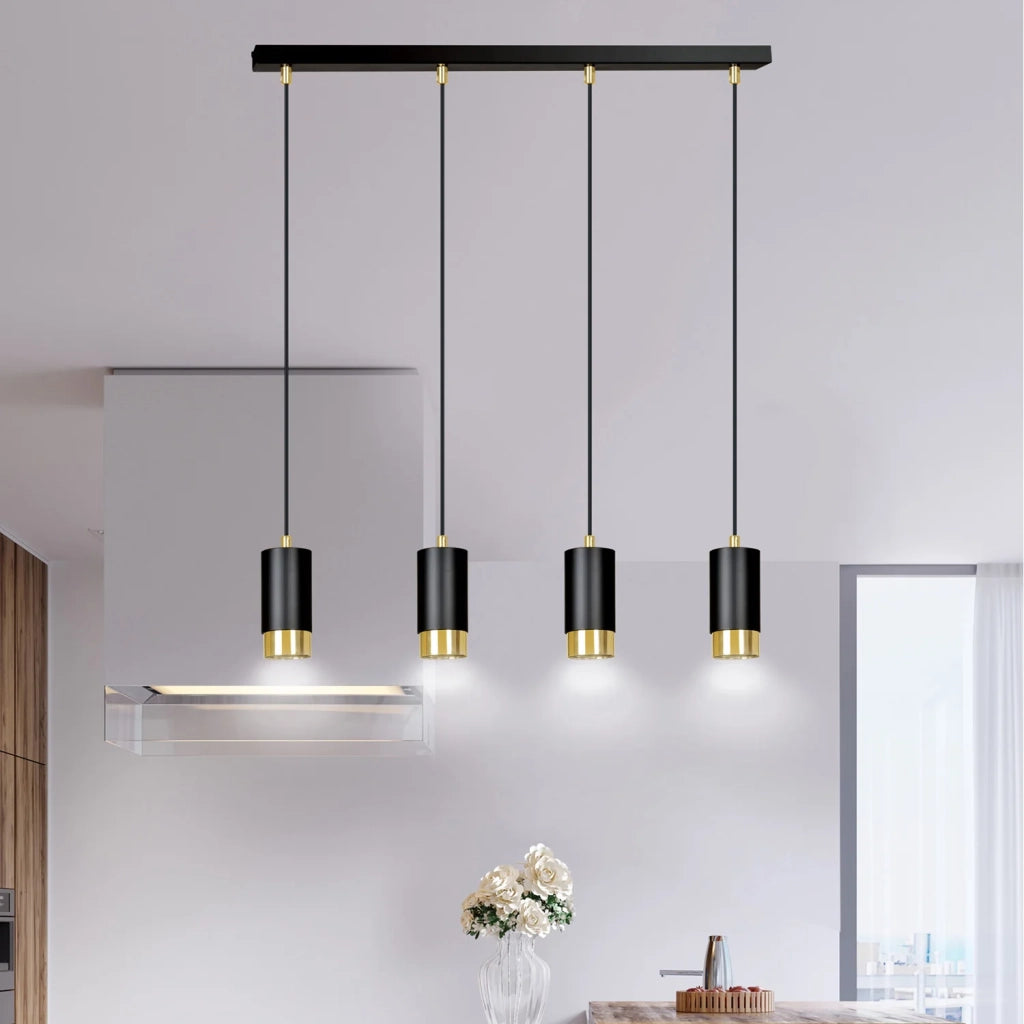 Lampadario 4 Luci Ivar Con Cilindri In Acciaio Nero E Oro