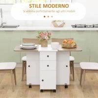 Tavolo Pieghevole con 2 Cassetti e Armadietto, 6 Rotelle e Freni, 120x60x76.5 cm, Bianco e Rovere