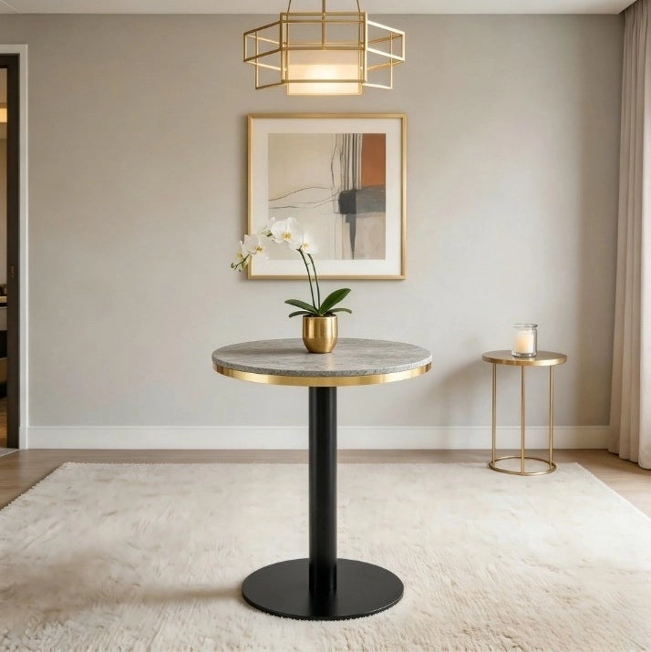 Tavolino rotondo 60x73;7 cm con piano effetto marmo grigio in MDF e struttura in metallo