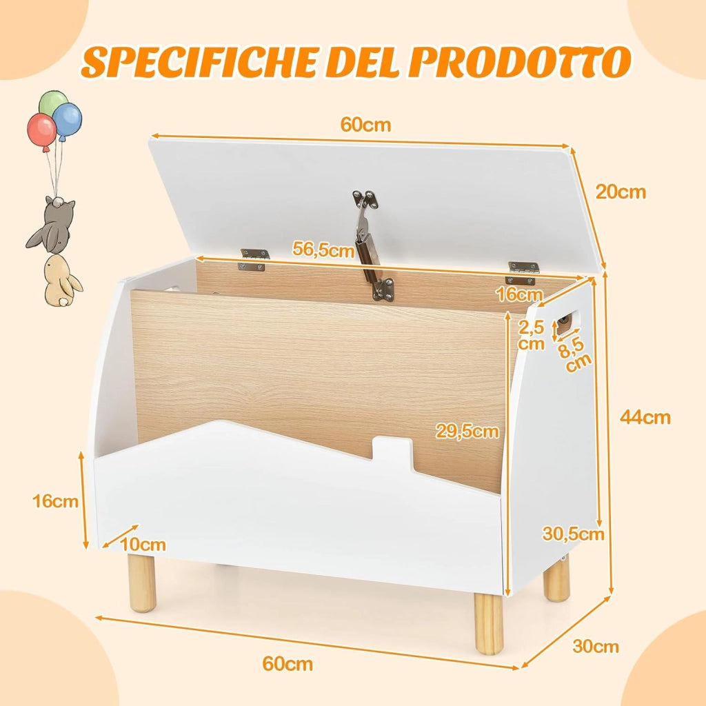 Scaffale dei Giocattoli per Bambini in Legno, Libreria per Bambini con Ripiano Espositivo e Contenitore con Coperchio Apribile, Ideale per Cameretta e Nido, 60 x 30 x 44 cm (Bianco)