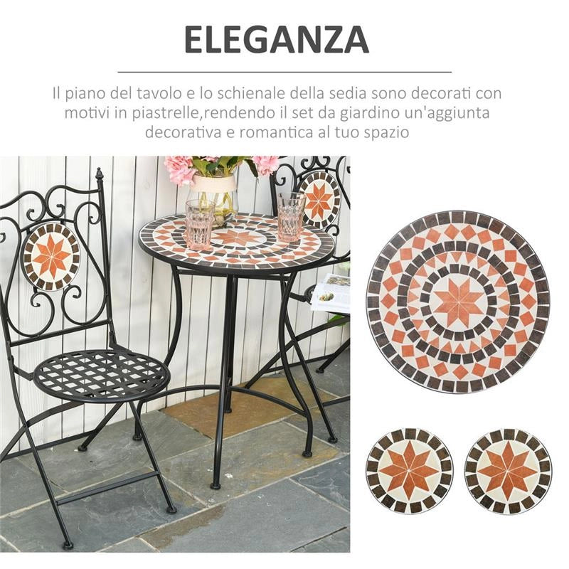 SET CON TAVOLO TONDO E 2 SEDIE PIEGHEVOL IN METALLO E CERAMICA MOSAICO