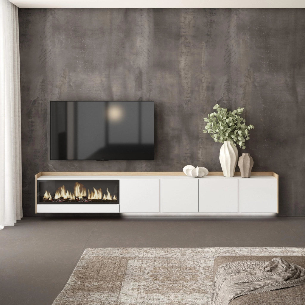 Mobile TV Soggiorno, 315x50x35 cm, Per TV fino a 80", Camino elettrico XXL, Sospeso, da appendere, LED, Bianco e Rovere soft