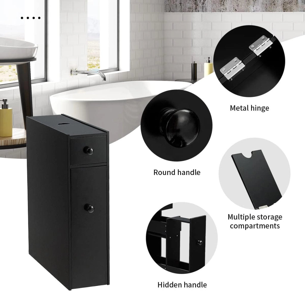 Mobiletto Bagno Sottile, Armadietto per Gabinetto da Terra, Legno, con Cassetti Scorrevoli, Multiuso e Salvaspazio, 16 x 48 x 58 cm (nero)