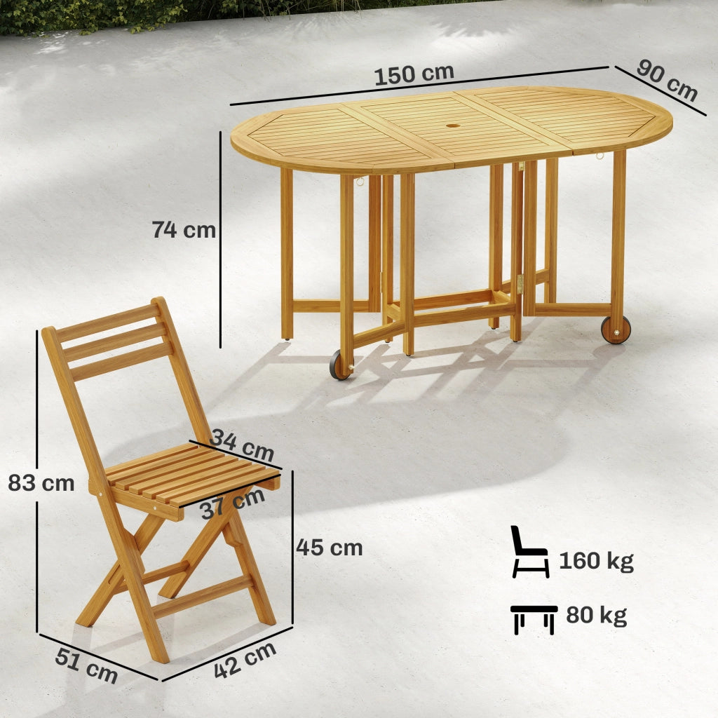 Set Pranzo 7 Pezzi, Tavolo Estensibile Legno e 6 Sedie Pieghevoli per Giardino