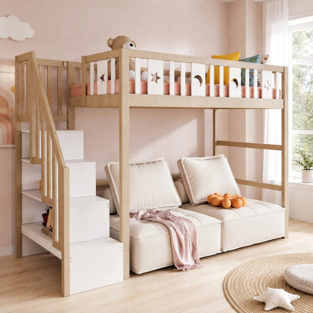 Letto a soppalco per bambini 90x200 cm con scala e ripiani