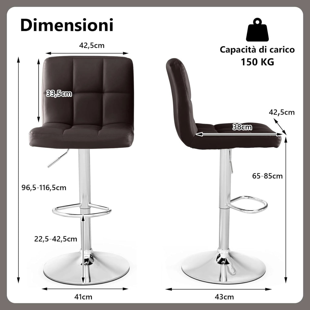 Set di 2 Sgabelli da Bar in Ecopelle Altezza Regolabile, Seduta Girevole a 360°, Poggiapiedi e Base Metallica Antiscivolo, Sgabelli da Pranzo per Isola Cucina Bar, Portata 150 kg (Marrone,2)