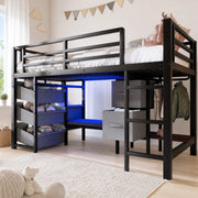 Letto rialzato 90 x 200 cm in metallo nero con LED, cuscino e contenimento