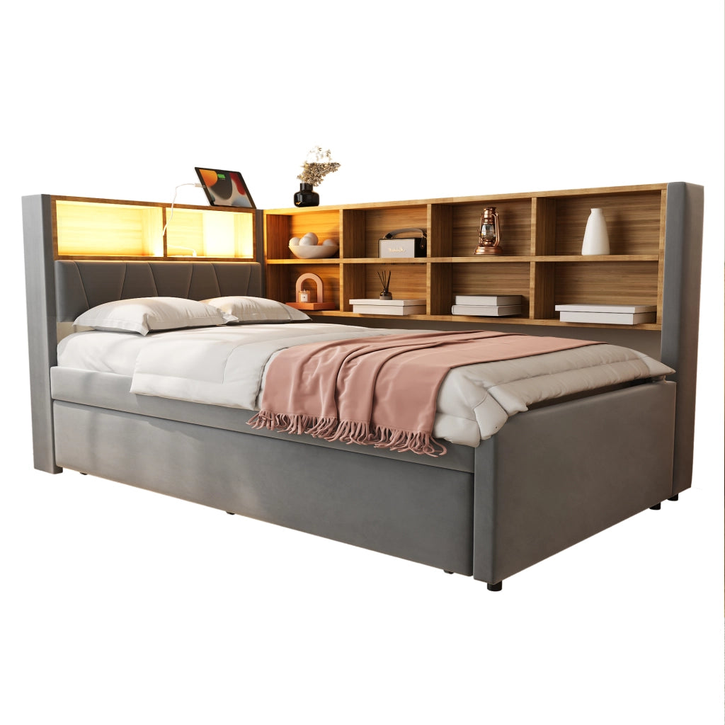 Divano letto multifunzionale 90x200 cm con letto estraibile 90x190 cm, LED, prese, vano contenitore, flanella grigio scuro