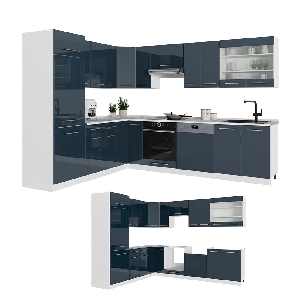 Cucina angolare completa Fame-Line Blu scuro lucido/Bianco 287 x 227 cm, PL Rovere Vicco