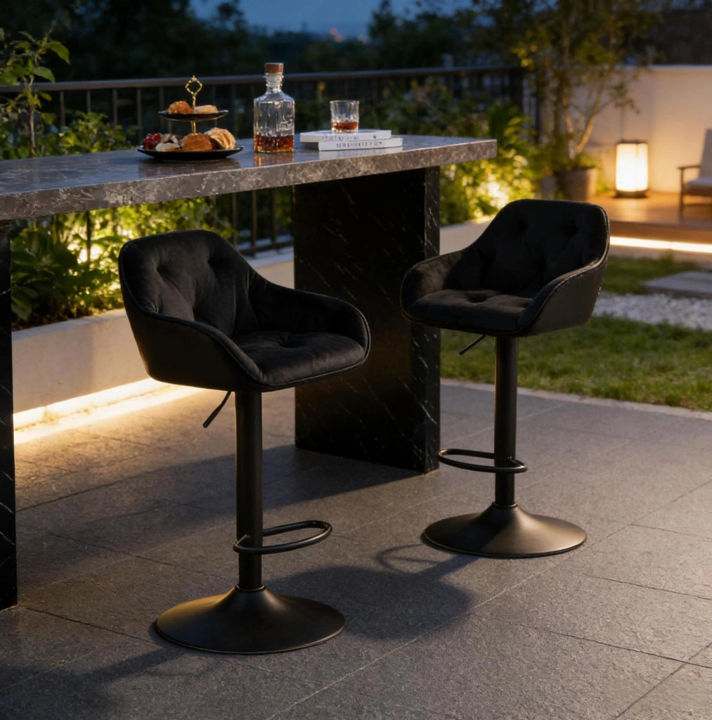 Set di 2 sgabelli da bar regolabili in velluto nero, girevoli a 360°