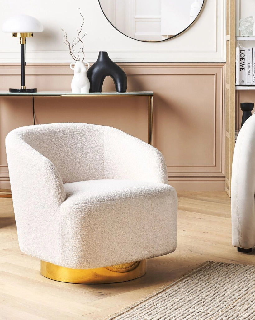 Poltrona Bianco Sporco Tessuto Morbido Base Oro Girevole 360° Stile Retro Glamour Art Deco dorato