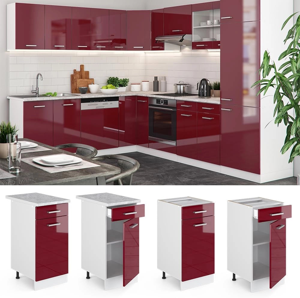 Mobiletto base per cucina R-Line, Rosso lucido, 40 cm senza piano di lavoro, per la libera combinazione all'interno di sistemi cucina modulari