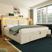 LETTO Contenitore 180x200 cm Beige in lino con LED e porte USB-C