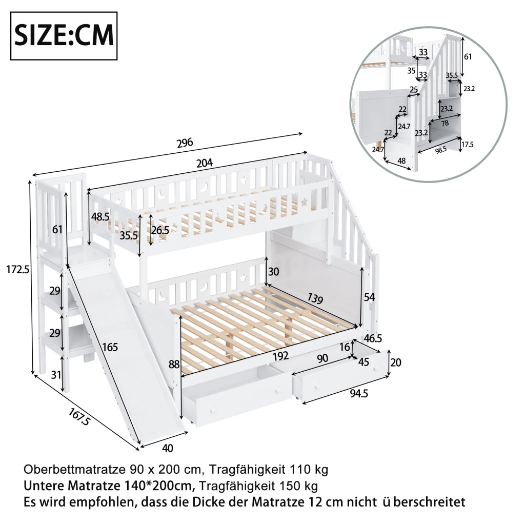 OKWISH Letto a Castello 90×200 cm e 140×200 cm, Letto 3 Posti con Scivolo, Ripiani e 2 Cassetti, senza Materasso, Bianco