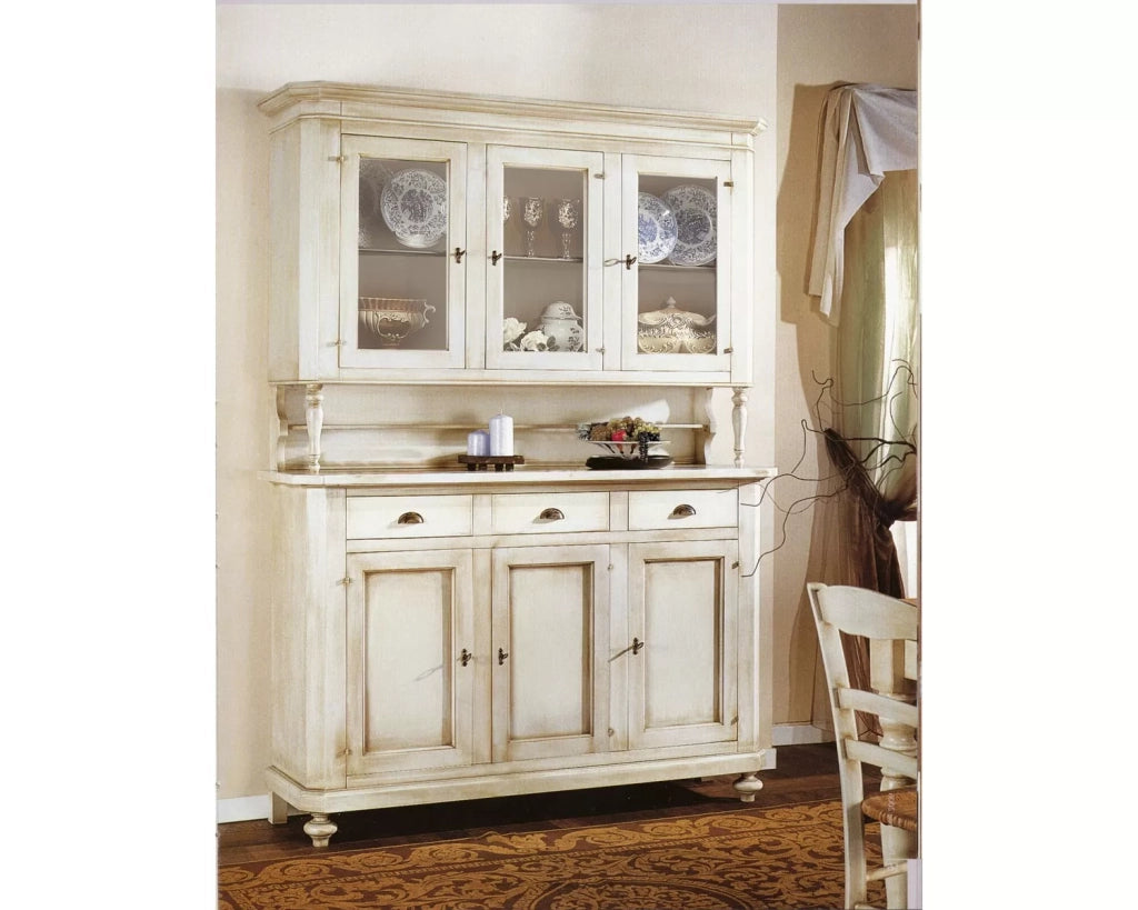 Cristalliera 3 porte 3 cassetti shabby vintage bianco patinato 160x50x221 - Mobili 2G