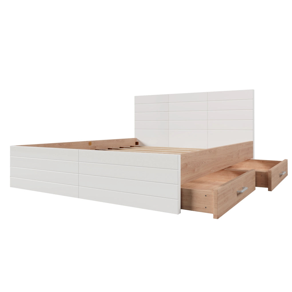 Letto matrimoniale 160x200 cm con materasso; 2 cassetti; struttura in legno massiccio e MDF; bianco rovere