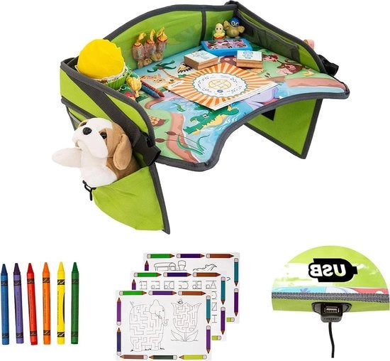Tavolo da viaggio per bambini 2.0 - Sostegno tablet USB - Sacchetto di gioco portatile - Divertimento per bambini - Sedile per bambini con forma di aereo, treno e passeggino - Blu Tavolo da viaggio