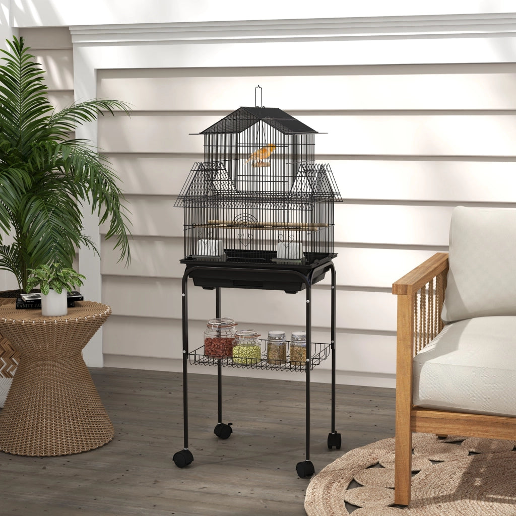 Gabbia per Uccelli Design con Mangiatoie, Trespoli e 3 Porte ¨C zephmum ¨C Nero