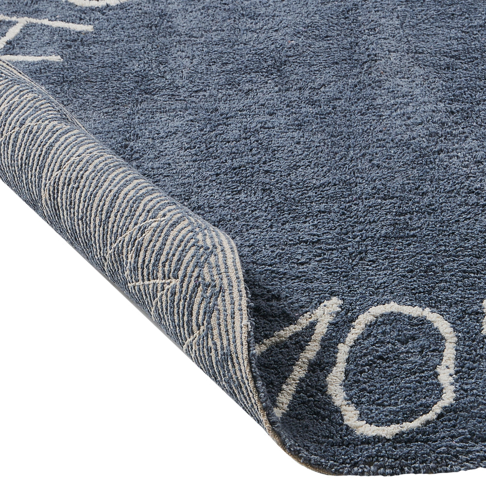 Tappeto Blu Cotone ø 120 cm Rotondo fatto a mano con alfabeto stile Boho Soggiorno Bambini Camera dei bambini