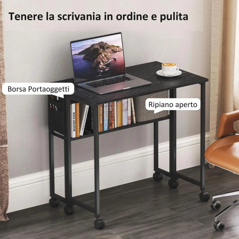 SCRIVANIA PIEGHEVOLE SALVASPAZIO A RIBALTA CON SCAFFALE, TASCA PORTAOGGETTI E RUOTE, NERO