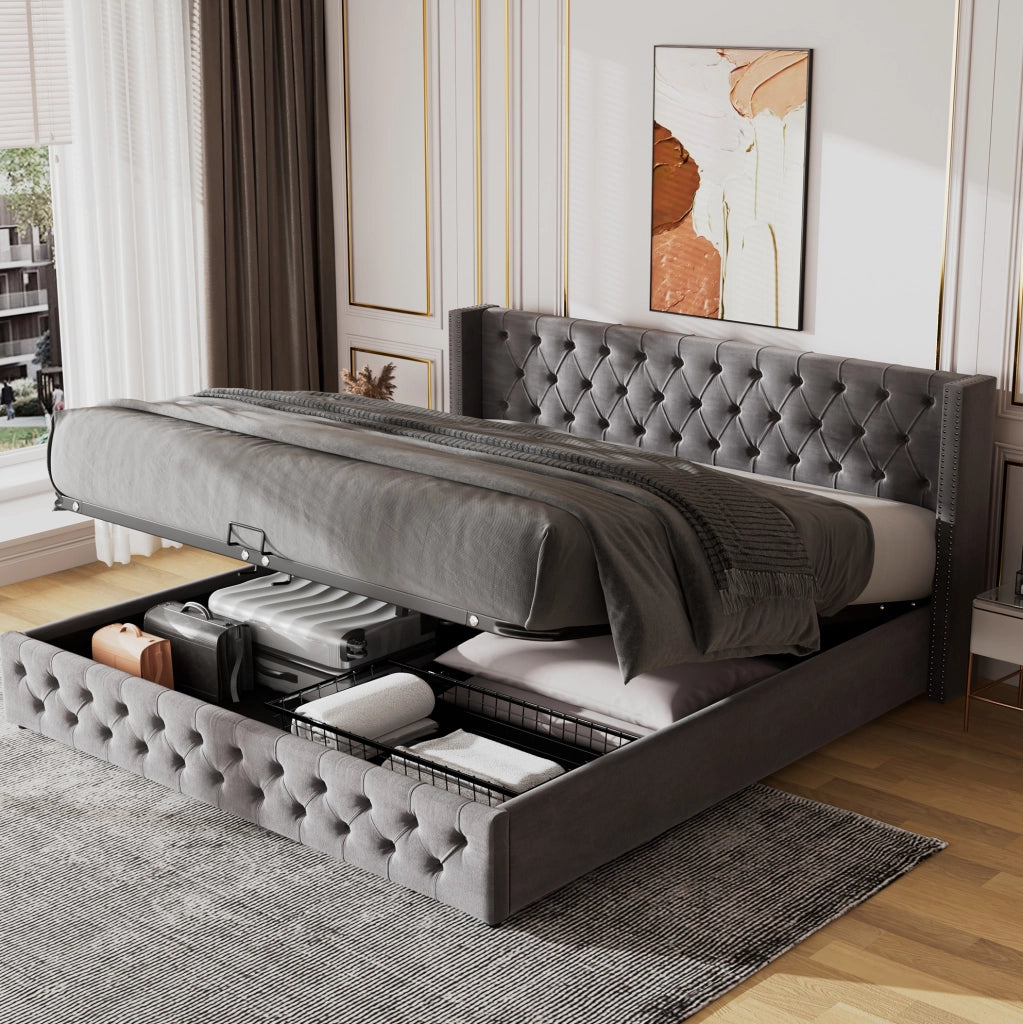 Letto imbottito contenitore Chesterfield 180x200 in velluto grigio con rete a doghe