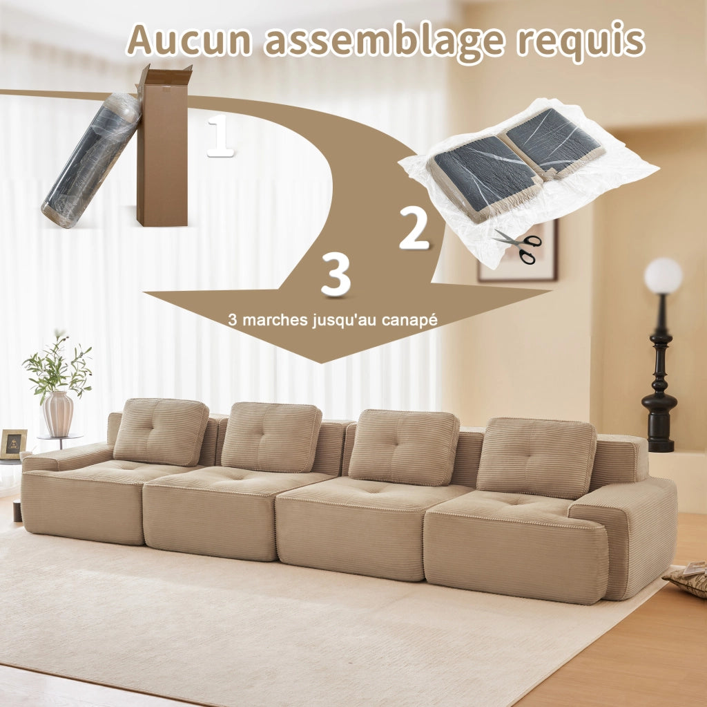 Divano modulare a L Cloud 3 posti in velluto beige con pouf, senza montaggio